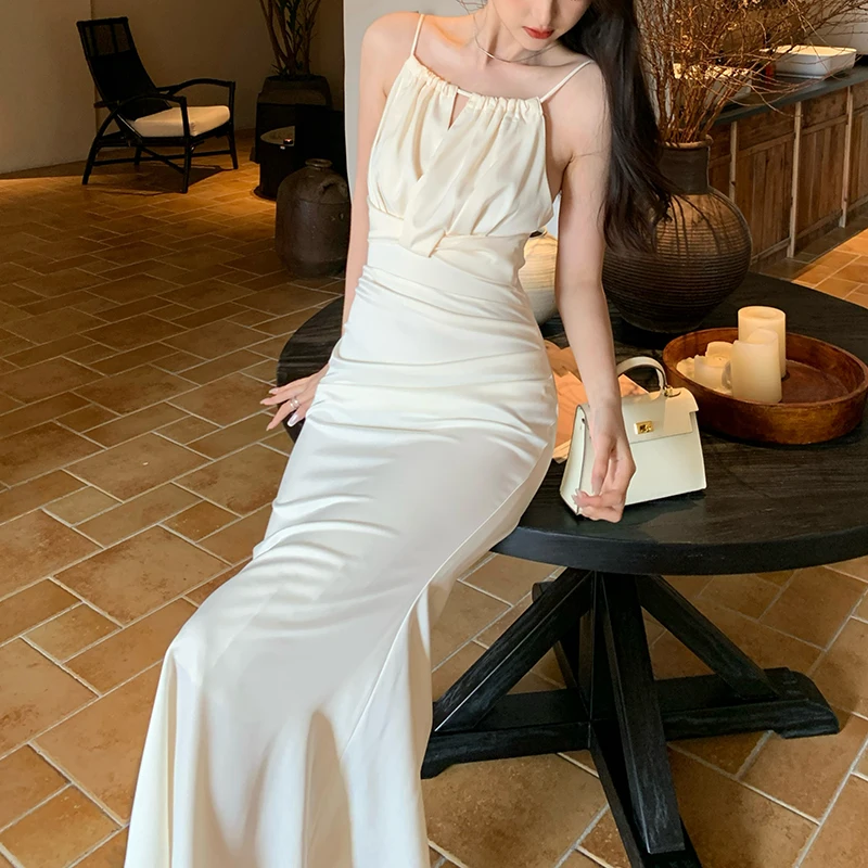 Sukienka satynowa na wesele, studniówkę, dla kobiet, elegancka, bez rękawów, syrenka, seksowna, z wycięciami, sukienki wieczorowe, lato