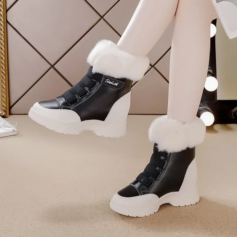 Fujin 7cm Fur Genuine Leather Cushioned Platform Wedge Winter Plush Fur Spring Women Warm Durable Ankle Boots Autumn Hook Shoes