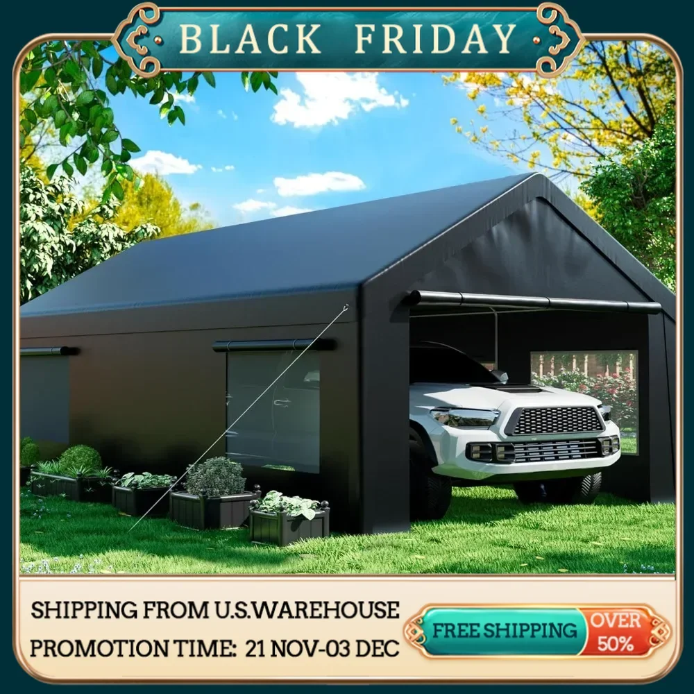 Carport 12' X 20' Heavy Duty Portable Garage, Carport Canopy with Side-Opening Door & Roll-Up Windows, Car Canopy Reinforced