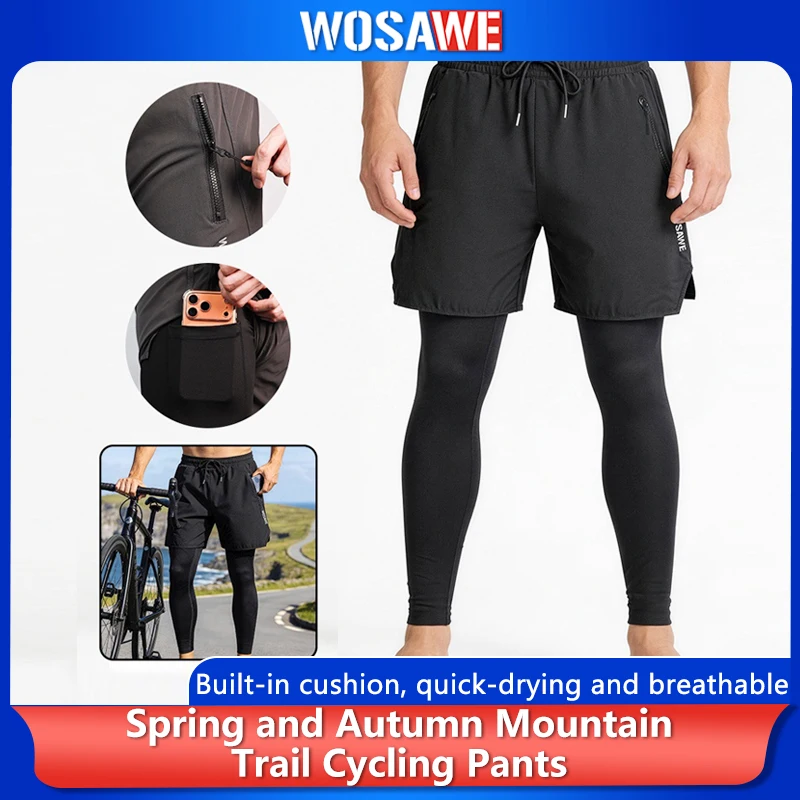 

WOSAWE Men Women 2-in-1 Padded Cycling Pants Breathable Quick Dry MTB Bike Trousers with Zip Pockets