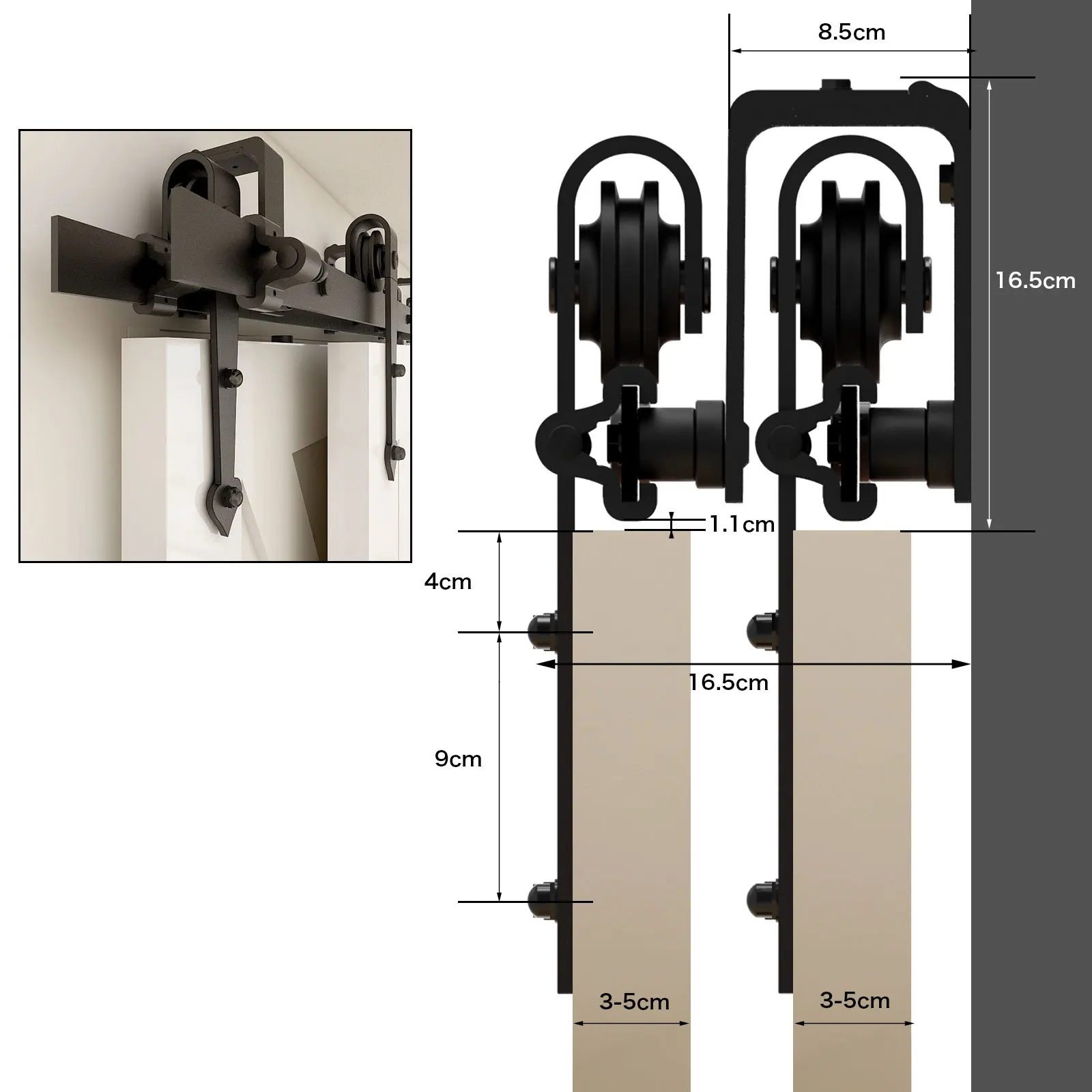 CCJH Bypass Barn Door Slides Hardware Kit, Hanging Rail System, I3 Shaped Roller Track for Double Door, Save Space