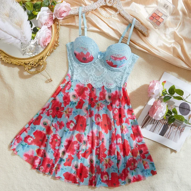 Sexy Nightgown Woman Print Floral Romantic Lingeries Attractive Sleepwear Summer Pajamas Intimate Babydoll New Dresses