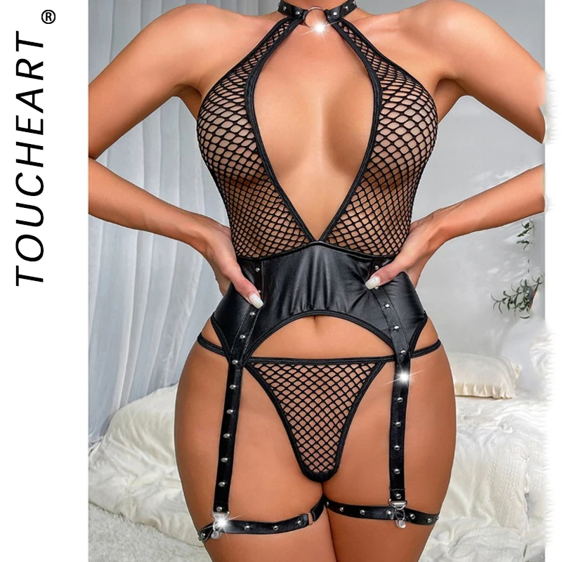 Toucheart Sexy Lingerie PU Patchwork Mesh Hollow Metal Lace Backless Jumpsuit For Women Sexy Perspective Halter Underwear New