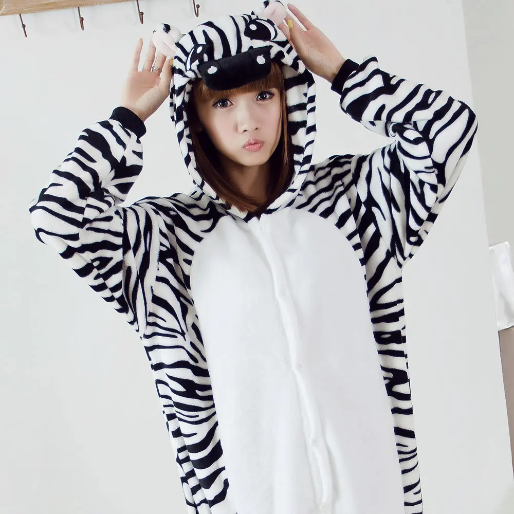 Cute Cartoon Zebra  Button Onesie Couple Sleepwear Hooded Flannel One-piece pajamas Comfortable Cosplay Leisure wear