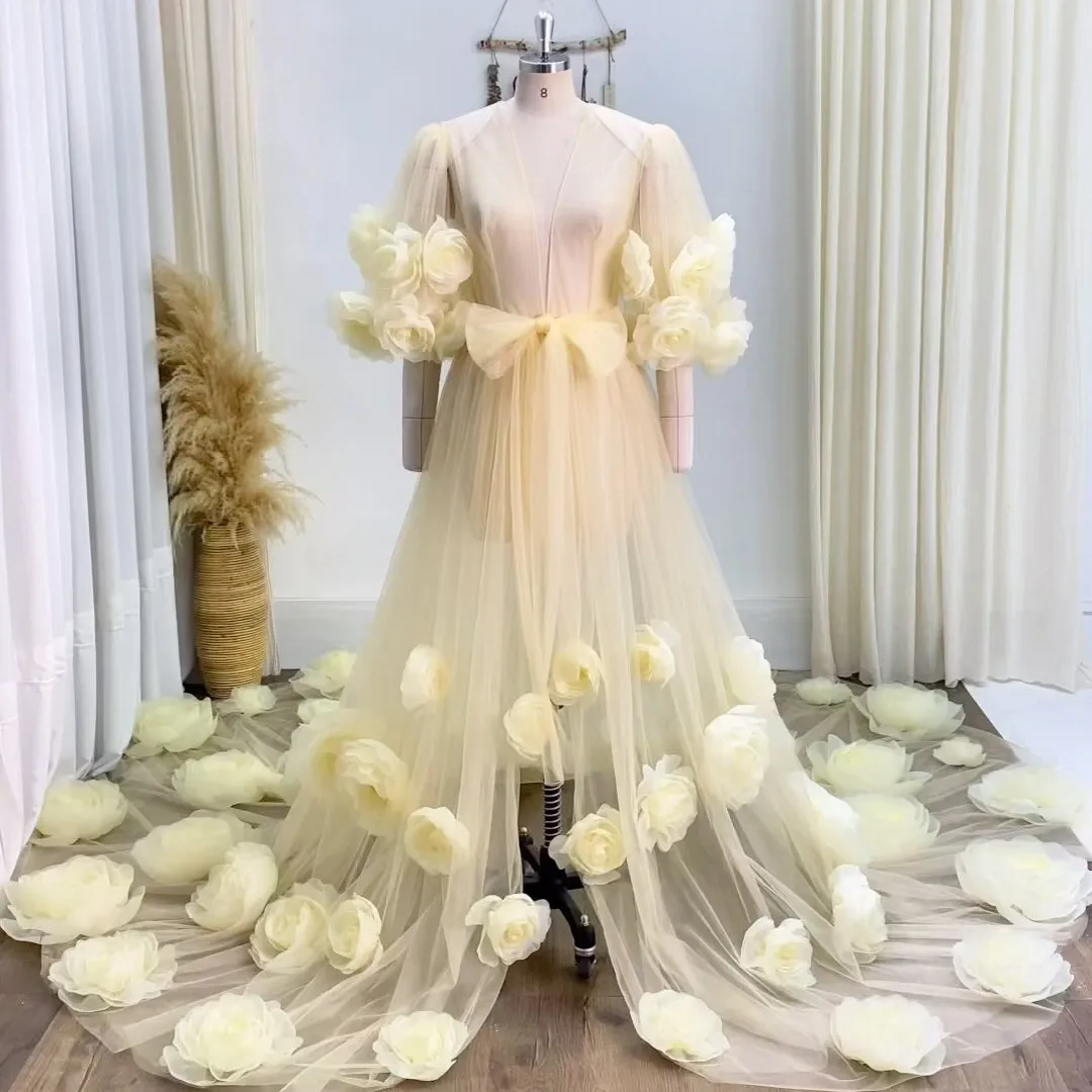 Real Image Light Yellow See Thru Long Tulle Women Robe With Handmade Flower Maternity Dress To Photoshoots