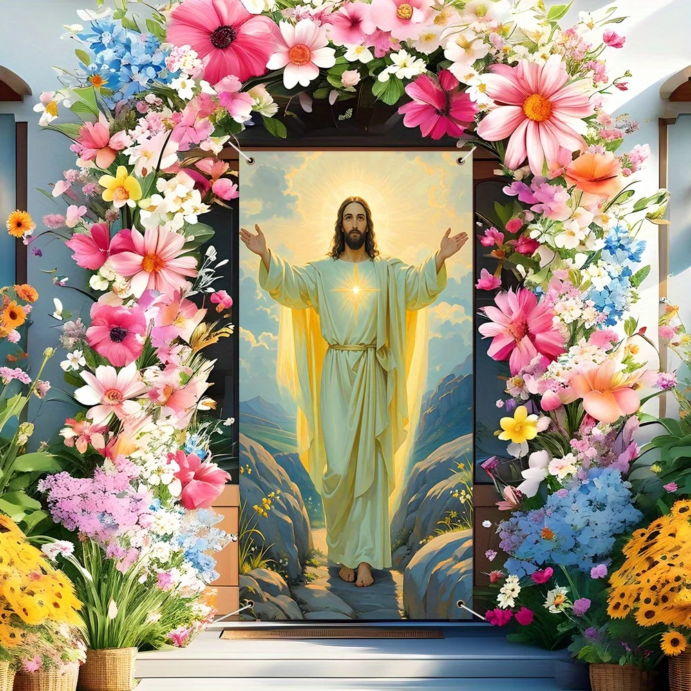 Ein 2D-Türbanner, Frohe Ostern, lebendiges Jesus-Partybanner mit „He Rose Again“-Muster, Veranda-Logo, aus Polyestermaterial