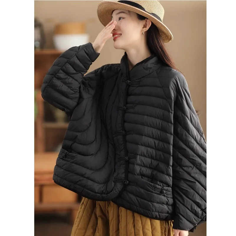 Chinese Style Slanted Breasted Button Down Jacket, Lightweight Quilted 90 White Duck Down Warm Jacket, New for Women\'s Winter