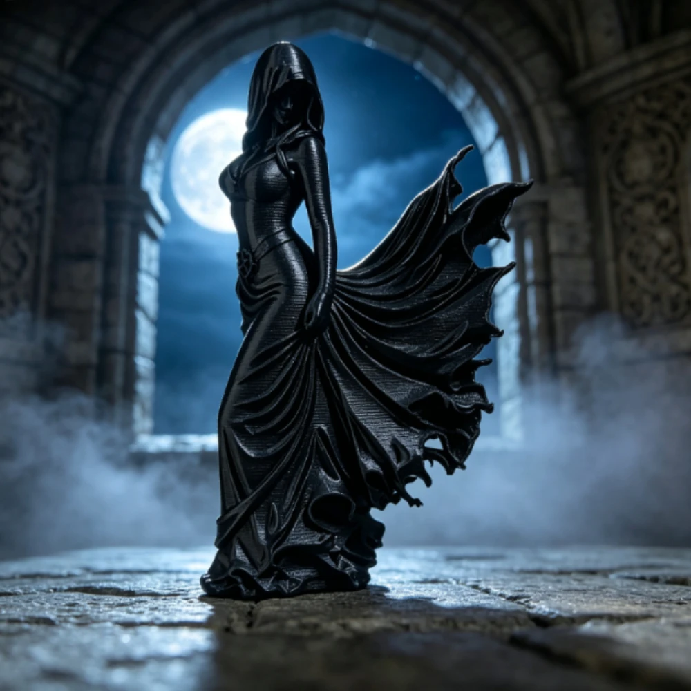 Gothic Hooded Mysterious Lady Figurine 3D Printing Witch Woman Statue Elegant Skirt Desktop Sculpture for Gaming Room Home Decor