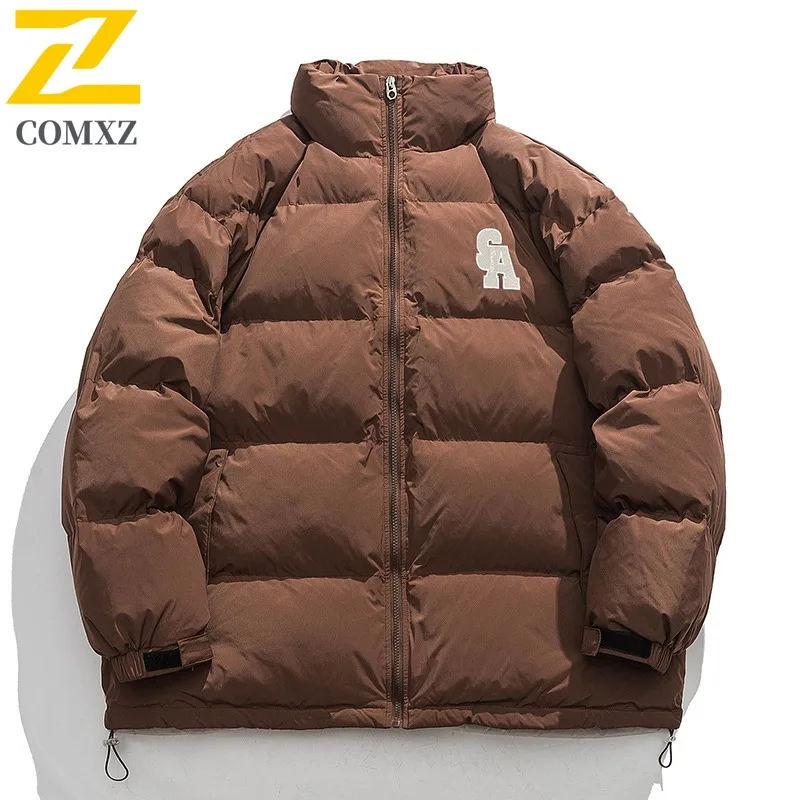 COMXZ スタンドカラーパッド入りメンズ冬新作ストリートウェアレターパッチ刺繍厚手暖かい防寒綿軽量ウインドブレーカー
