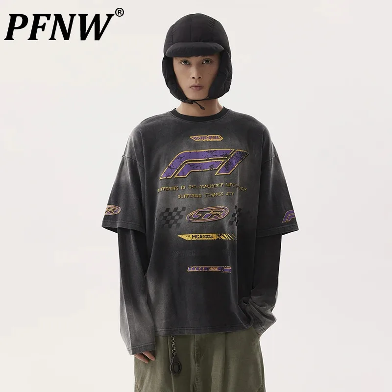 PFNW Washed Worn-out Fake Two Piece T-shirt Men's American Round Neck Long Sleeve Streetwear Letter Design Tops Trendy 28W5036