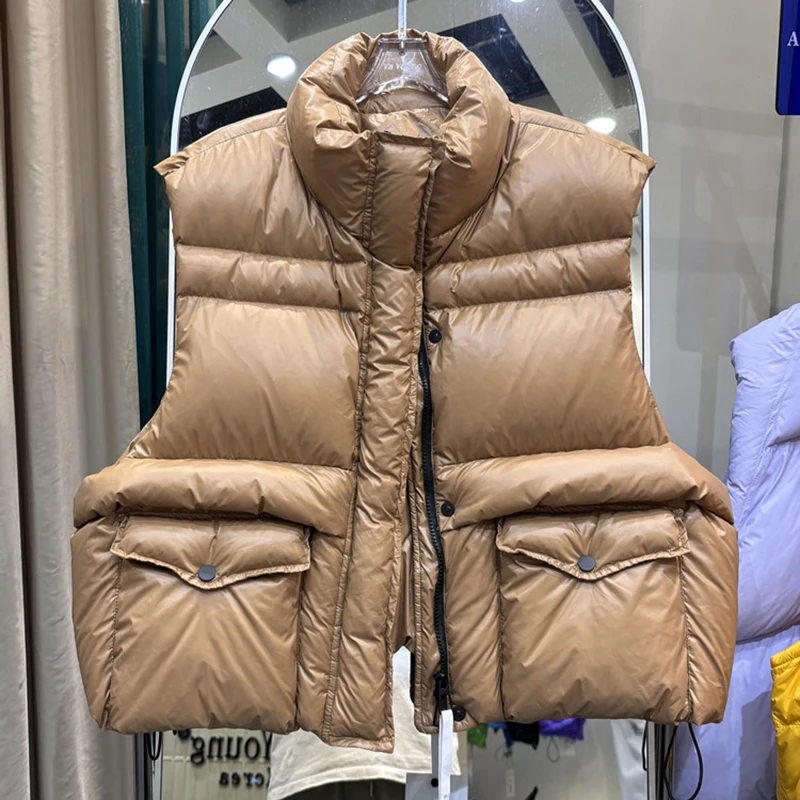 

Осень-зима, пуховый жилет без рукавов с воротником-стойкой, женский однотонный стеганый жилет, пальто 90, белый утиный пух, жилет с карманами на молнии JJ1155