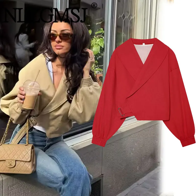 Nlzgmsj 2026 Frühling Damen Cropped Trenchcoat mit Reverskragen, Gürtel, Langen Ärmeln und Elastischen Bündchen, Lässige Kurze Jacke