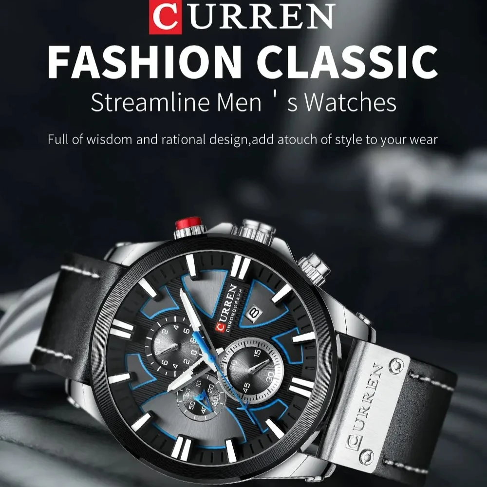 CURREN 8346 ساعة وقت رجالية كوارتز ضوء الليل الترفيه ساعة رياضية رجالية تاريخ تلقائي مقاوم للماء ساعات جلدية للرجل #4