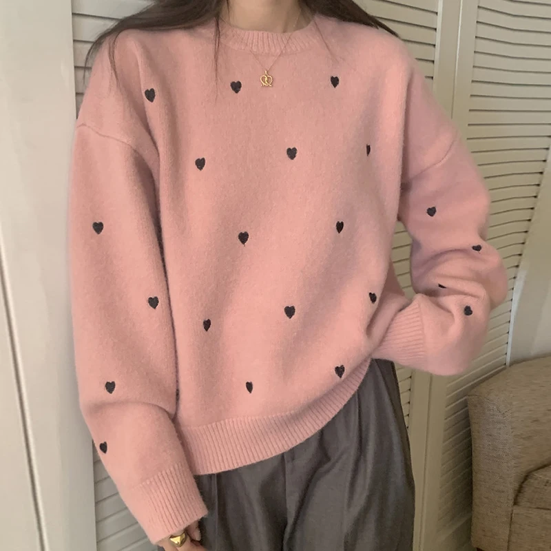 سترة شتوية أنيقة محبوكة بأكمام طويلة ورقبة دائرية وطبعة قلب كاجوال فضفاضة مناسبة ومتعددة الاستخدامات ومريحة للنساء، نمط عصري ...