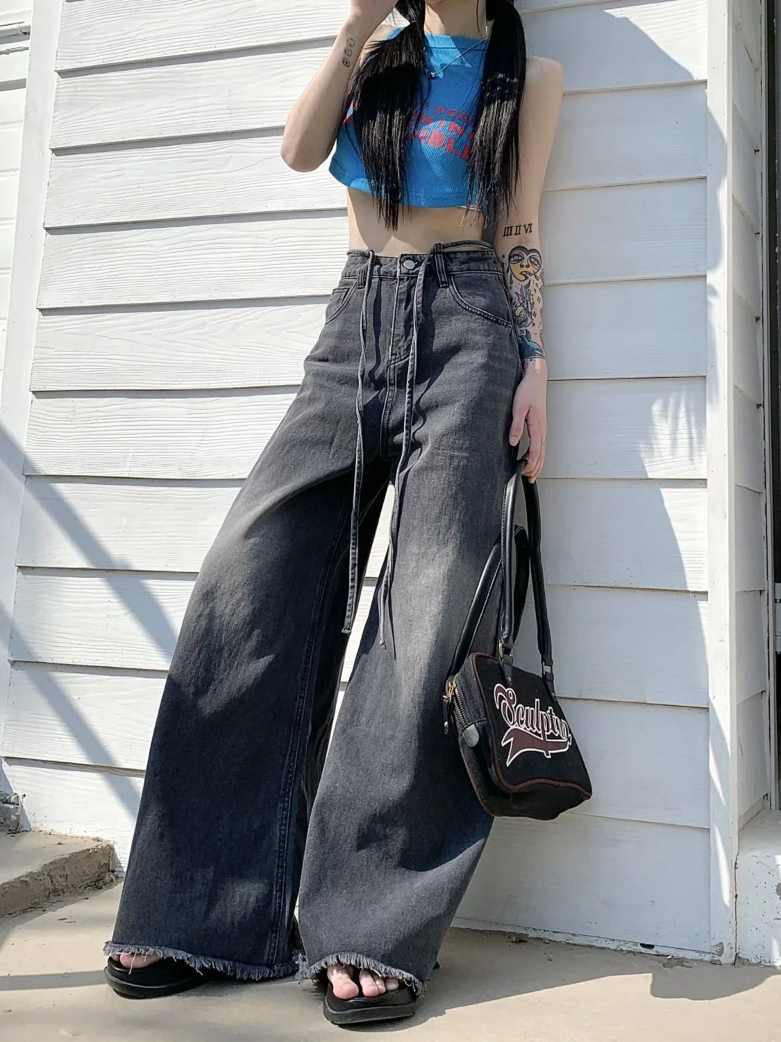 QWEEK Y2K Vintage 90s Black Jeans Grunge Distressed Baggy Denim Pants Female Oversize Korean Style Retro Basic Wide Leg Trousers