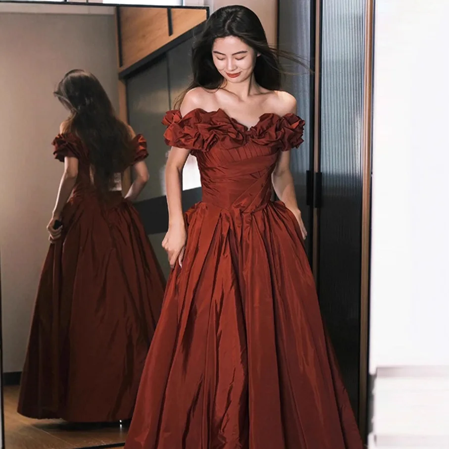 off-Shoulder Toast Dress Engagement Evening Dress Back Door Red Dress High Sense Light Luxury Minority Birthday Banquet