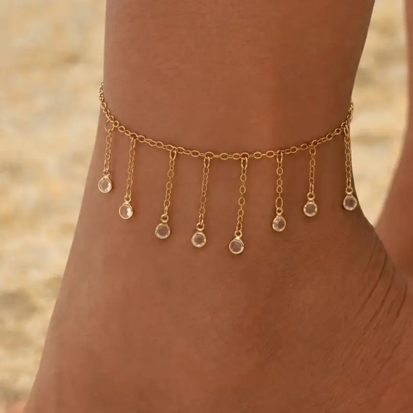 IngeSight.Z Summer Beach Bohemia Shiny Crystal Tassel Anklets for Women Elegant Adjustable Copper Ankle Chain Barefoot Jewelry