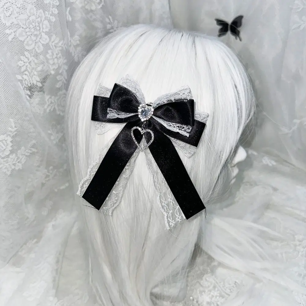 1/2Pc Kawaii Y2k Style Gothic Hair Clips Heart Pendant Cute Sweet Lace Bow Hair Clips Japanese Lolita Ponytail Hairpins Cosplay