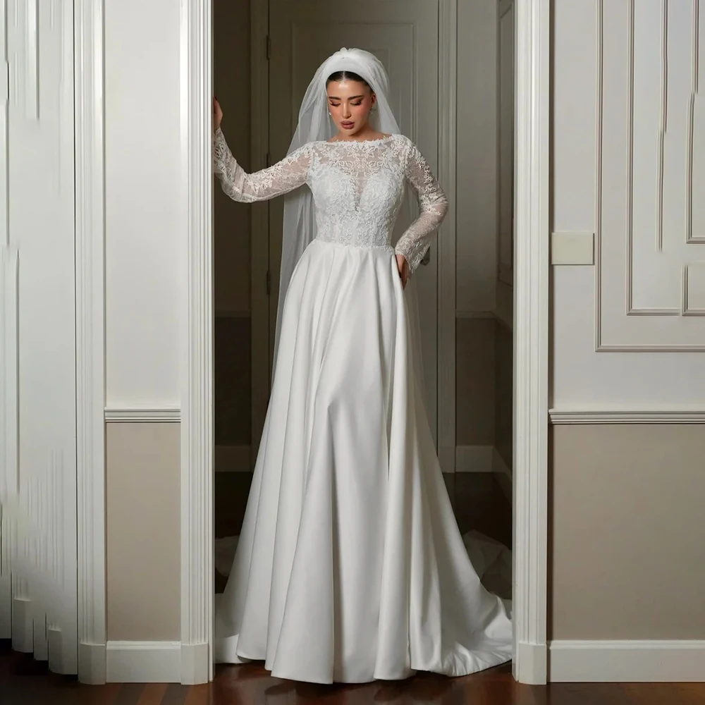 

O-neck Lace Long Sleeve Modern Wedding Dress A-line High Quality Satin Floor Length Bridal Dress with Train Custom Made
