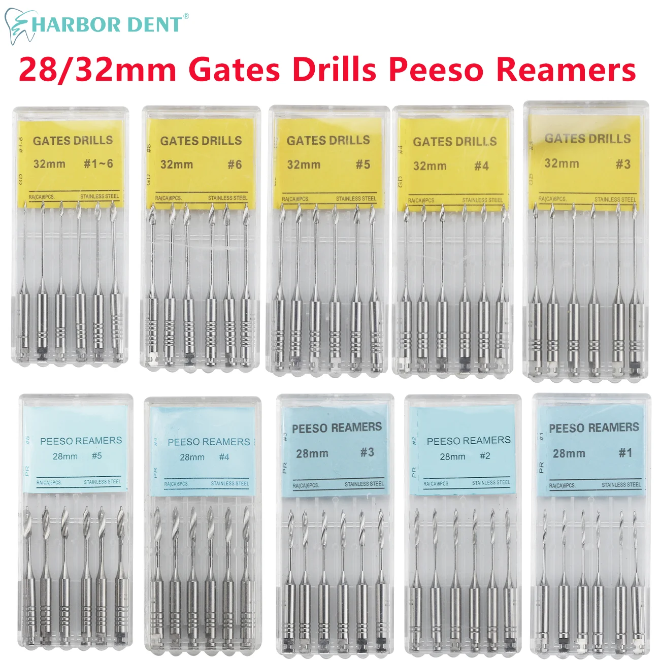 HARBOR Stainless Steel Dental Endodontic Drill Gates Glidden Denspay Peeso Reamers Rotary Endo Files Dentist Materials 10 Box