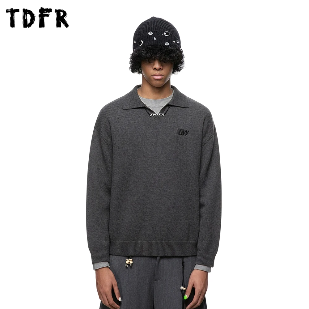 

Simple Letter Embroidery Fake two-piece Sweater Mens Autumn Winter Retro Casual Lapel Long Sleeve Knitted Pullover Man