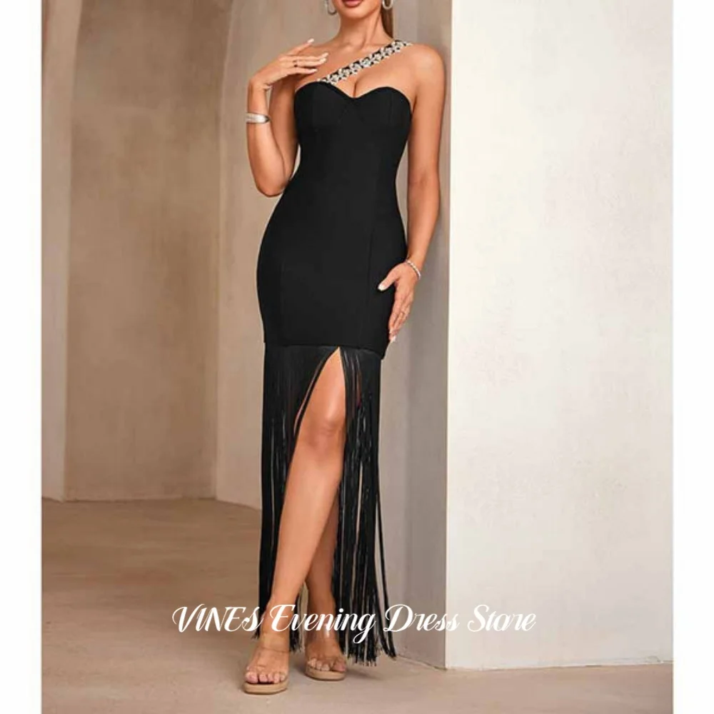 

VINES Elegant Black Prom Dress One-Shoulder Crystal Chain Evening Dress with Long Fringe Hem Formal Occasion Dress Customized