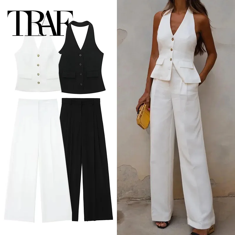 TRAF Pants Sets For Women 2 Pieces Off Shoulder Sleeveless Vest Woman Outfit Fashion Wide Leg Pants Elegant Casual Women\'s Set