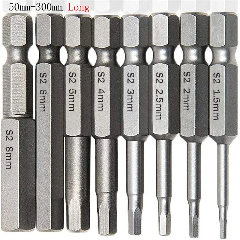 1pcs Hex Head Bit Set 1/4 Inch Hex Shank Magnetic Allen Wrench Precision Impact Drive Screwdriver Bits 300/200/150/50mm Length