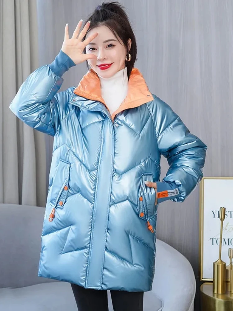 Parka Women 2024 New Winter Jacket Glossy Short Coat Cotton Padded Casual Parkas Jackets Thick Warm Female Overcoat Outwear