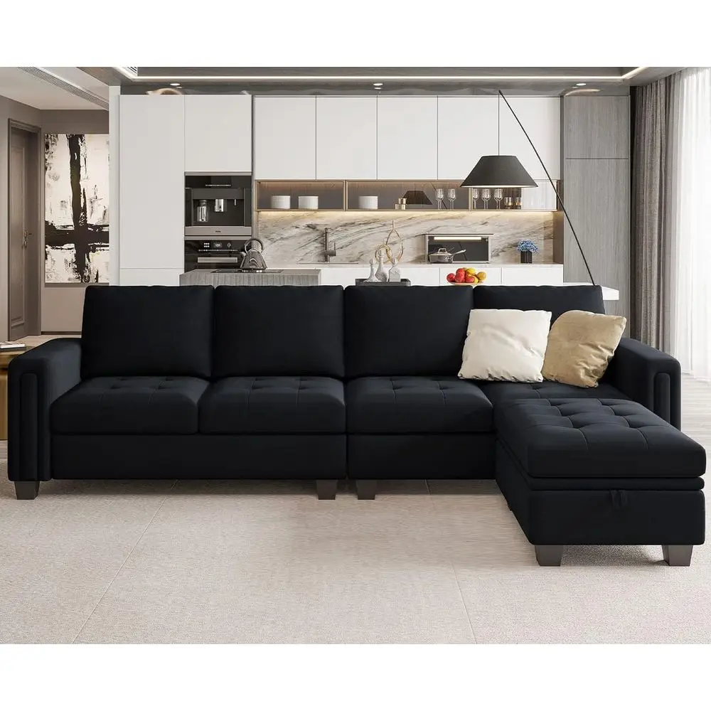 

Reversible L-Shaped 4-Seat Sectional Sofa with Chaise and Storage Ottoman in Black