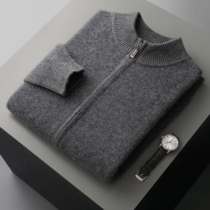 Autum Winter New Pure Wool Collar Cashmere Cardigan Men's Long-sleeved Cashmere