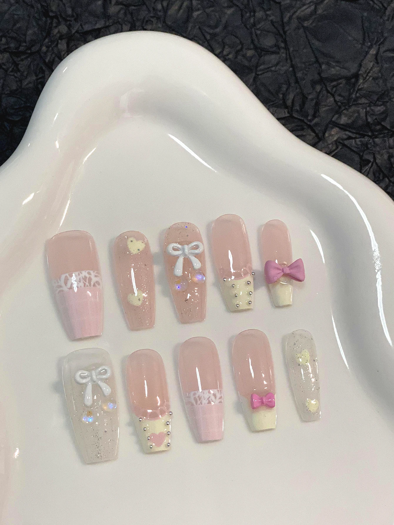 Nude Pink Lace Bowknot Cream Yellow French-Style Press-On Nails, 10-Piece Set, Jk Uniforms, Lolita Dresses, Afternoon Tea Dates, Korean-Style Girl Outfits