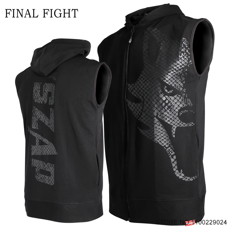 Vszap Muay Thai Hoodie Men\'s Boxing Training Shirt with Zipper Gym Hooded Fight Kickboxing Grappling Martial Arts Jacket Coat