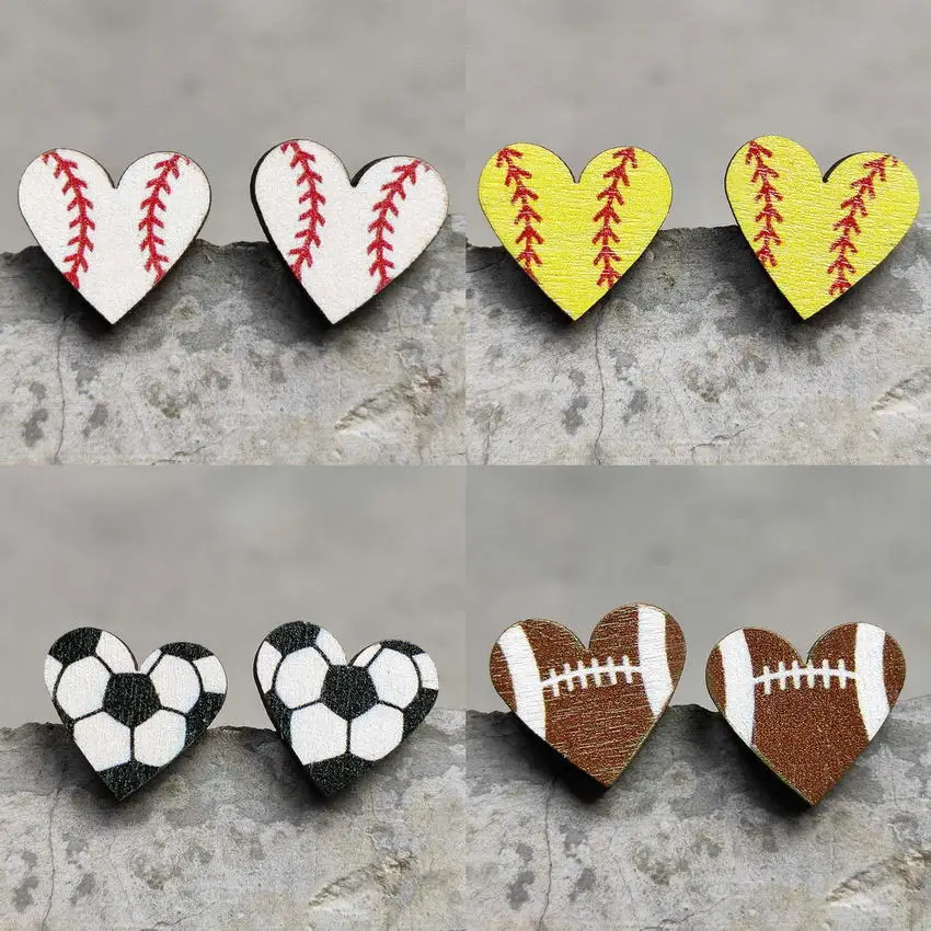 Mini Heart Shape Wood Baseball Softball Football Sports Stud Earrings for Women Ball Game Earrings Jewelry Wholesale