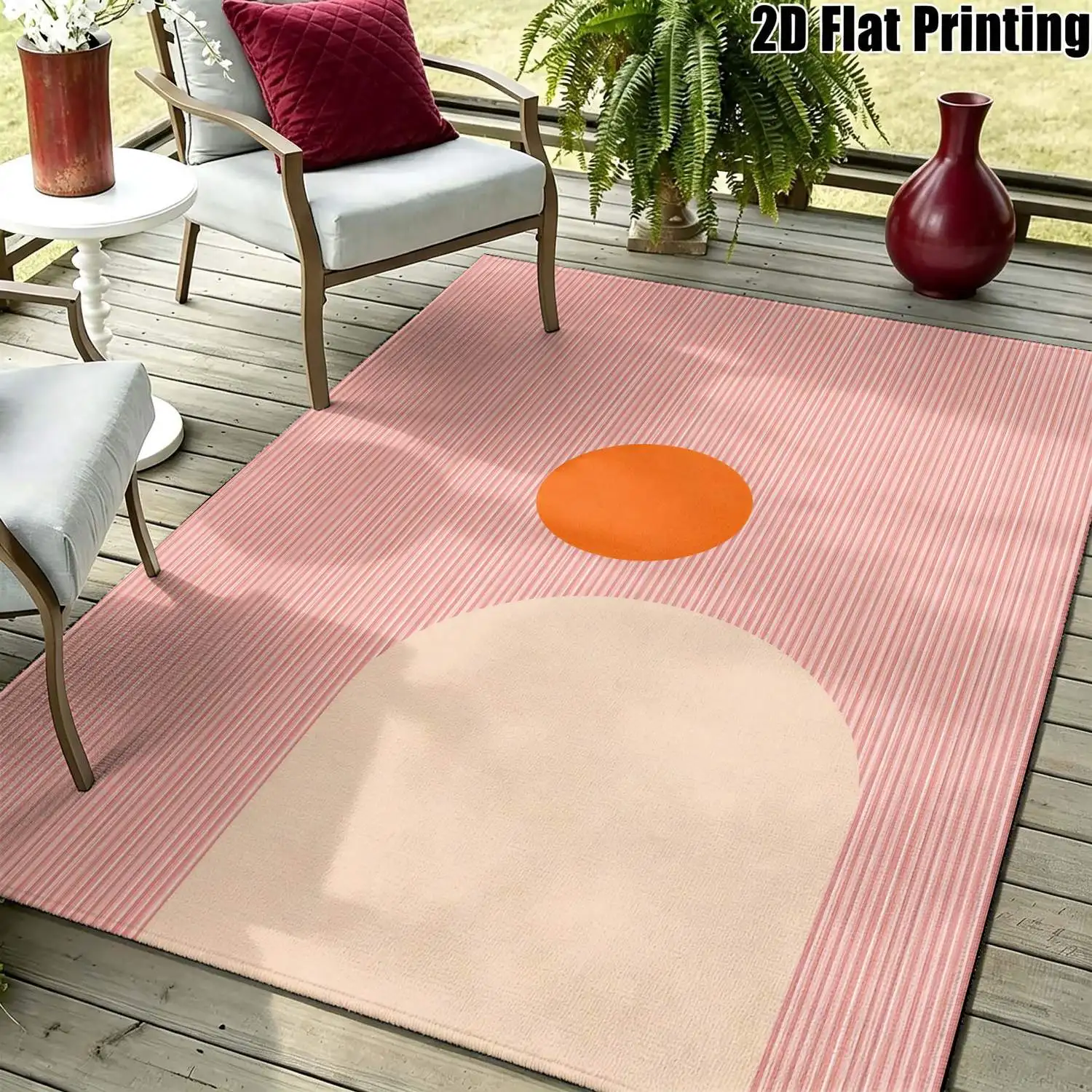 1Pc 2D Printed Nordic & Instagram-Style Pink Geometric Striped Sun Pattern Carpet, Machine Washable, Multi-Size Home Decor Mat for Entrance, Dining Room, Foyer, Bedroom & Living Room