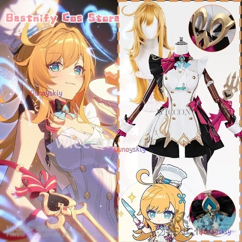 

CosplayAnime Game Genshin Impact Cosplay Escoffier Costume Chef's Uniform Hot Pink Cake Dress Cute Kawaii Lolita Wigs Props Cust