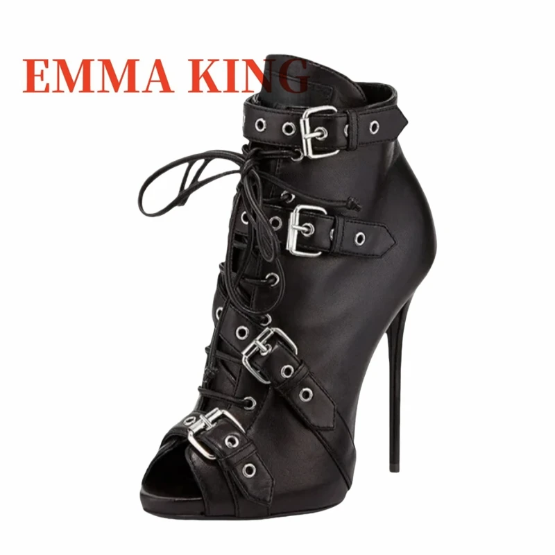 Buckle Rivets Women Summer Punk Boots Peep Toe Black Leather High Heels Ladies Sexy Gothic Shoes Woman Runway Ankle Boots