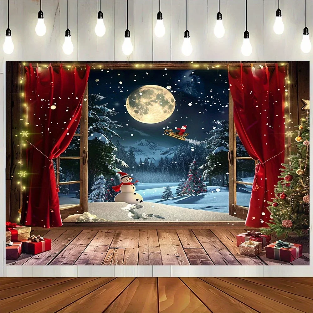 Santa and Winter Wonderland Background Fabric - Polyester Christmas decoration for indoor/outdoor parties and photo props