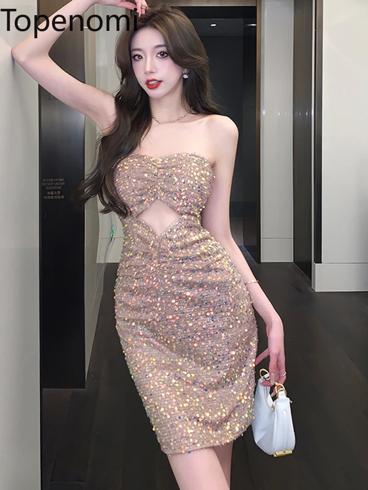 

Topenomi Fashion Sequin Strapless Birthday Dress Women Sexy Slim Fit Banquet Party Short Dresses Luxury Night Evening Vestidos