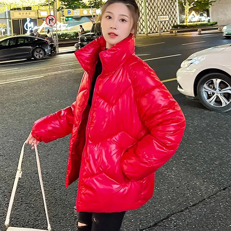 Fashion Parkas Bright Faux Leather Down Cotton Jacket Women Winter Coat Loose Cotton Padded Student Coat Warm Outerwear Female