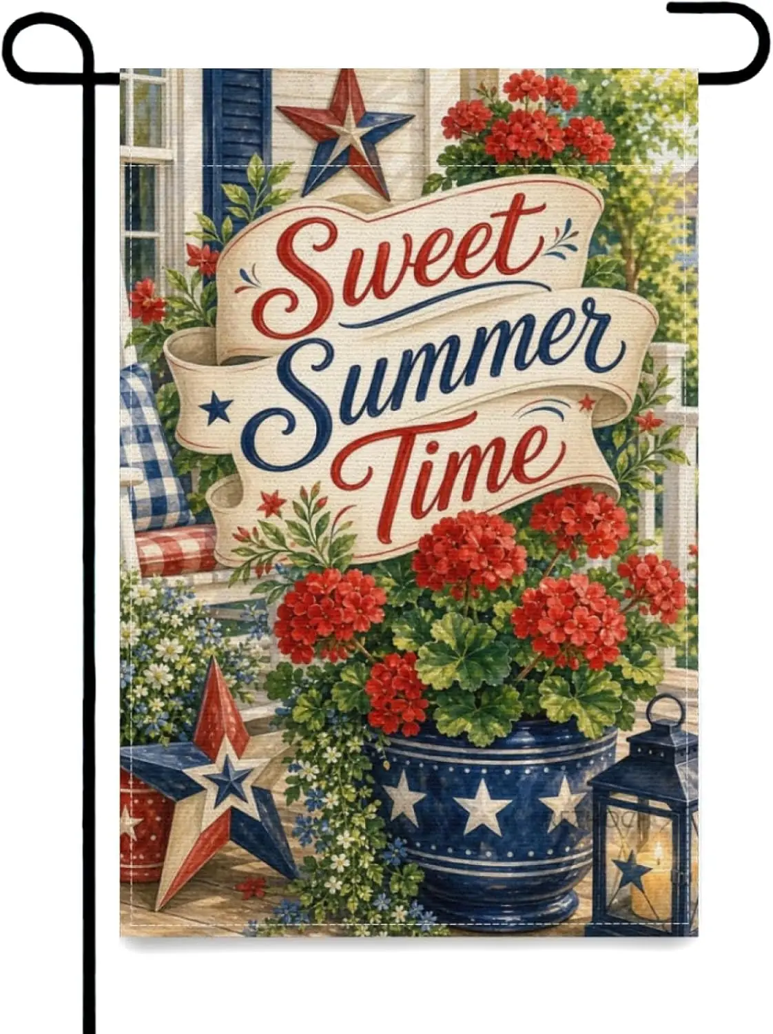 Patriotic Porch Garden Flag 12x18 Inch Sweet Summer Time Geranium Americana Star Lantern Red Blue Farmhouse Decor kkz