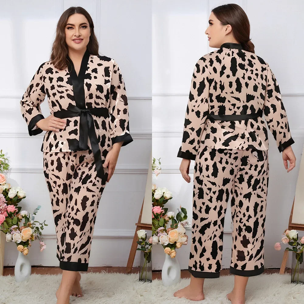 حجم كبير الإناث Pjs ملابس خاصة 2 قطعة سترة وسراويل دعوى النساء زهرة طباعة المتسكعون البيجامات فضفاضة حريري ملابس المنزل منامة