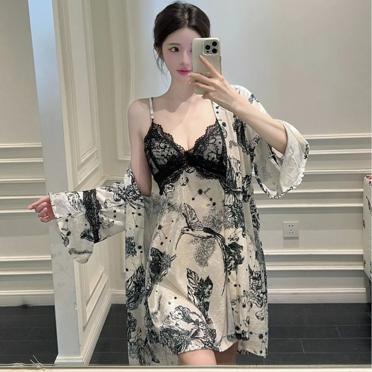 

Velour Sexy Kimono Bathrobe Print Wedding 2PCS Robe Set Casual Home Clothes Nightgown Lace Trim Sleepwear Nightwear Lingerie