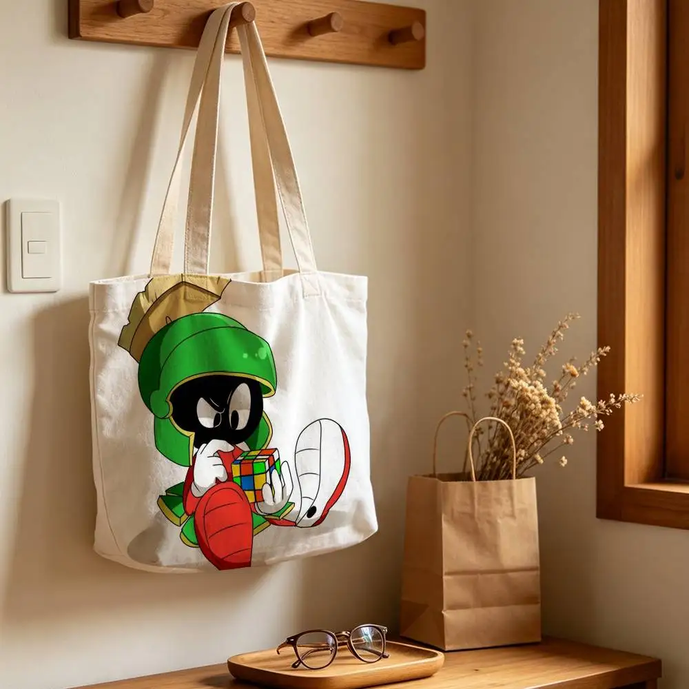 Cartoon M-Marvin-n The M-Martian-n Anime Printed Canvas Tote Bag with Zipper for Work School and Travel