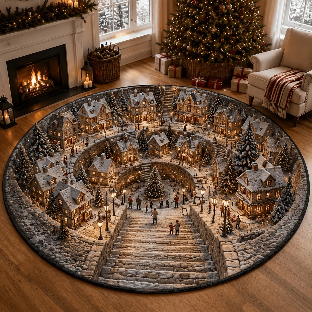 Orange Tabby Cat and Kittens 3D Visual Effect Circular Carpet, Realistic Pet Portrait Print Non Slip Washable Floor Animal Art
