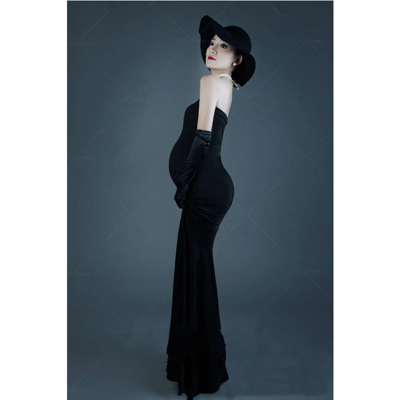 Elegant Black Swan Tube Top Maternity Dresses Sleeveless One-shoulder Trailing Long Dress Photo Photography Props Robe Grossesse