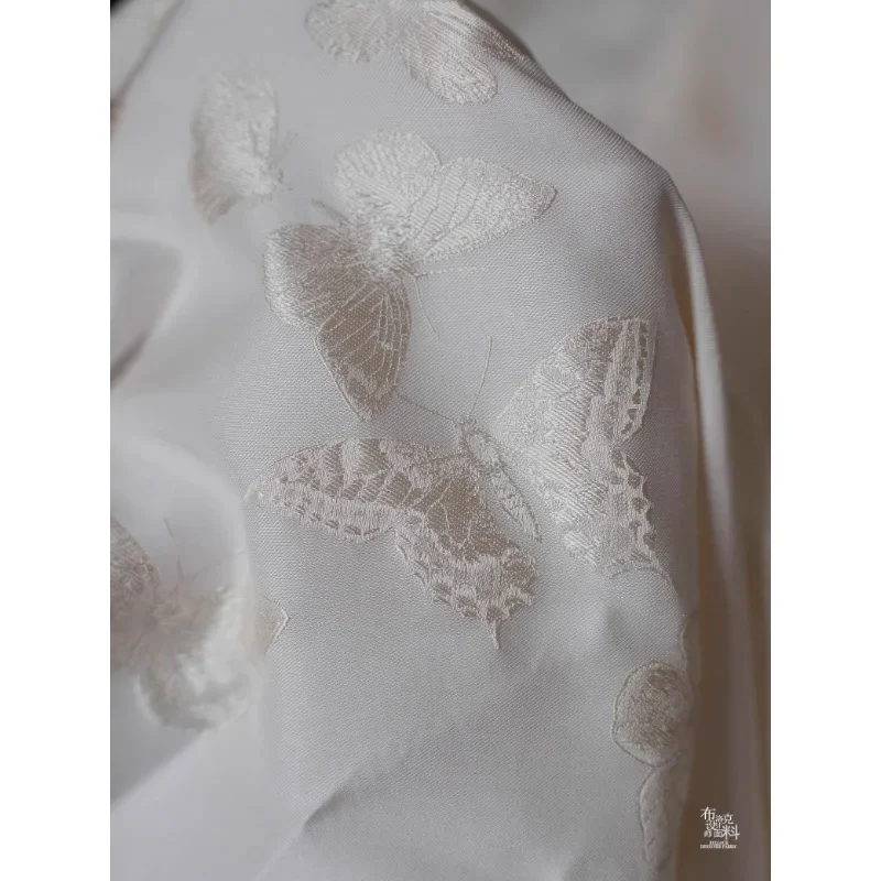 White Butterfly Embroidered Jacquard Fabric High Quality Clothing Handmade DIY Smooth Texture Dress Hanfu Designer Fabrics