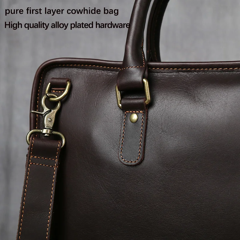NZPJ Retro Herren Aktentasche Leder Laptoptasche Oberschicht Rindsleder Lässige Handtasche 14 Zoll Business Umhängetasche Messenger Bag – Detail 10