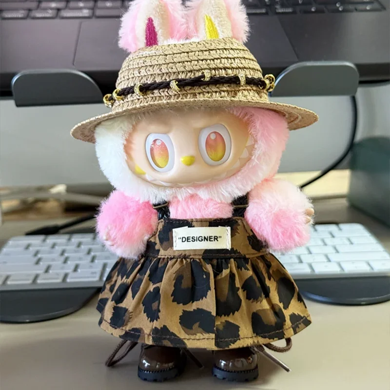 ملابس الدمية الصغيرة إكسسوارات الزي لـ 15-17 سنتيمتر Ropa Labubu و10 سنتيمتر دمية القطن ليوبارد طباعة تنورة قبعة حذاء الملابس