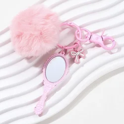 Pretty Pink Bow Mirror Hairball Cat Paw Acylic Keychain Cute Animals Key Ring For Women Girls Friendship Gift Handmade Jewelry